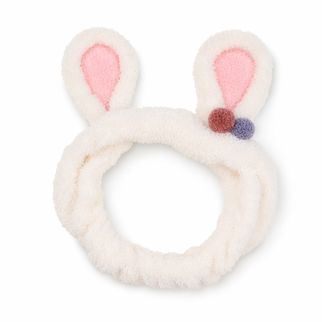 Fluffy Bunny-Eared Headband with Cute Pom Poms White