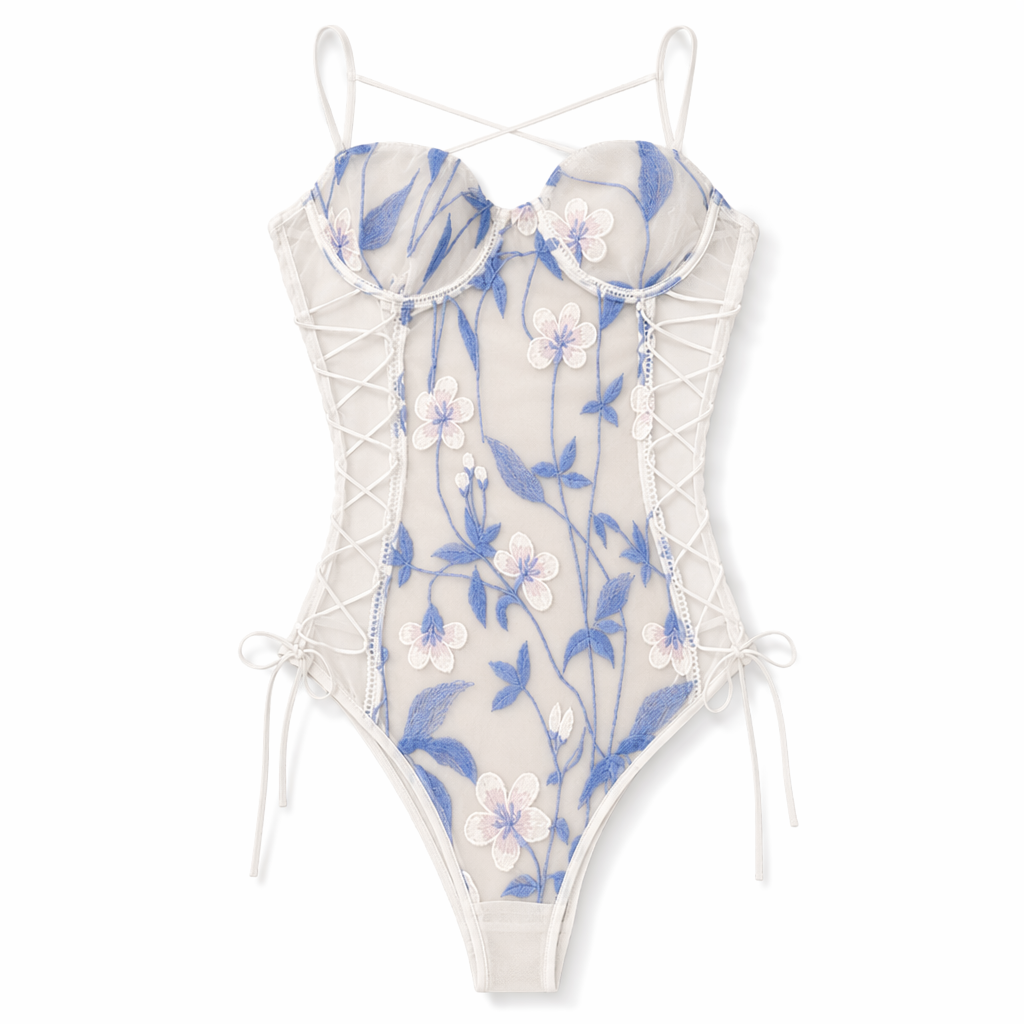 Floral Embroidered Mesh Bodysuit with Criss-Cross Harness Details 4XL