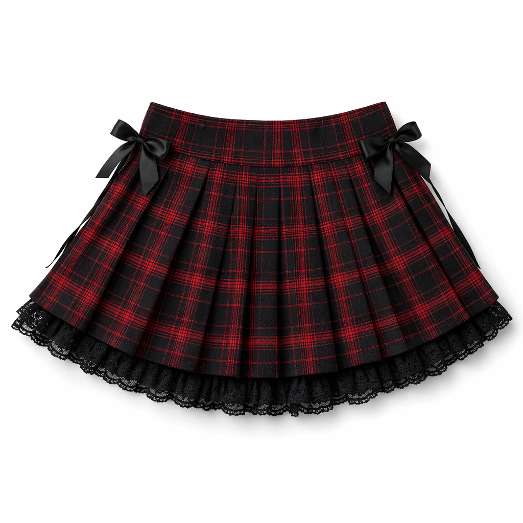 Tartan Plaid School Girl Skirt with Frilly Lace Layer Red