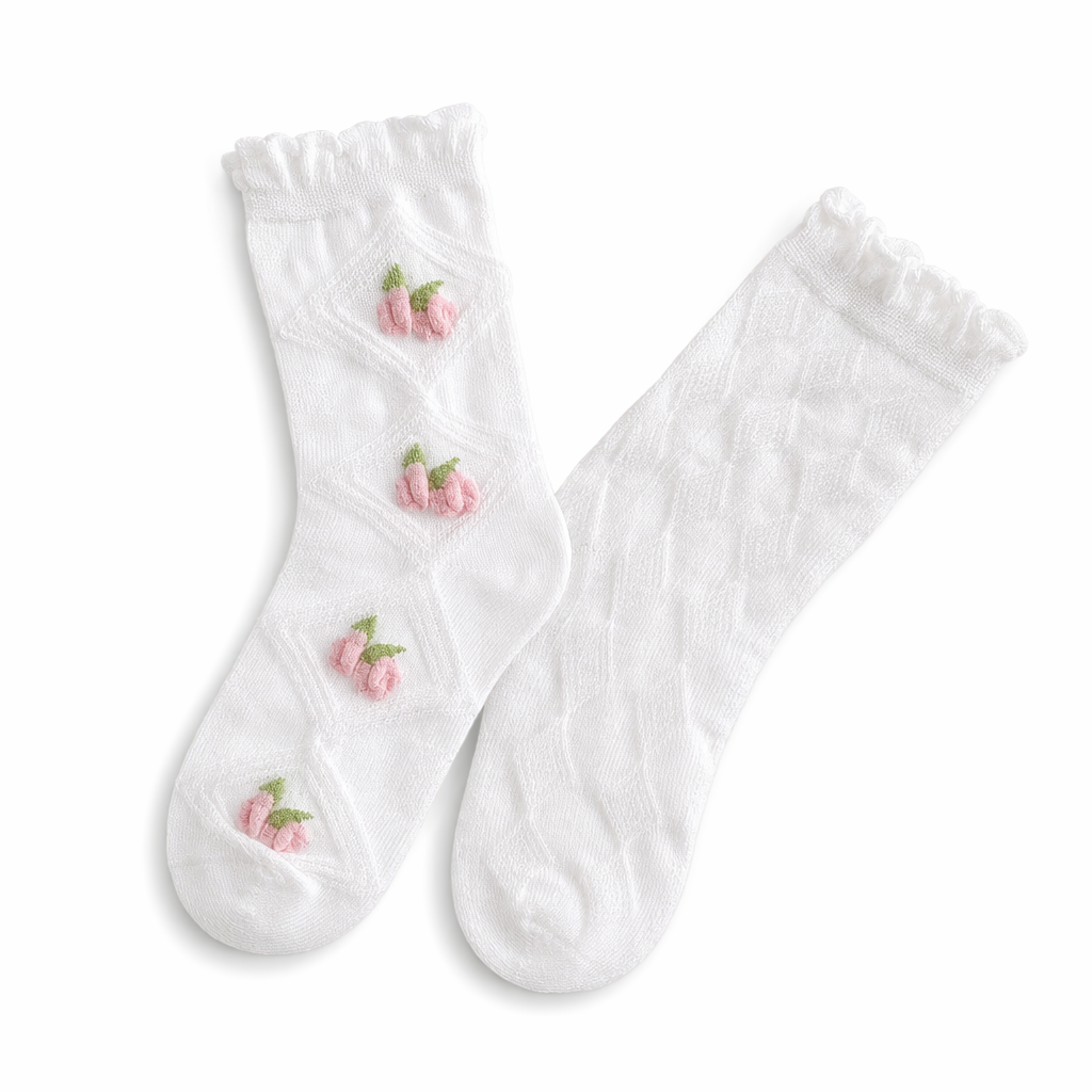 Textured Angelic Socks with Knit Detailing and Rosebud Embellishments No5