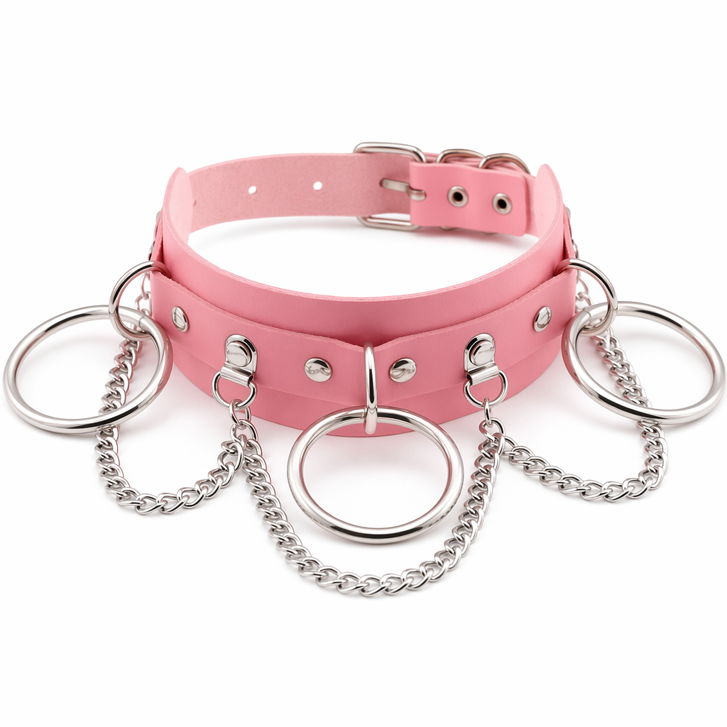 Vegan Leather O-Ring Choker Necklace with Silver Hardware Pink