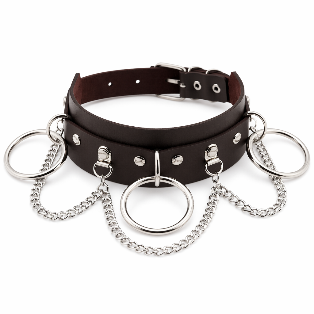Vegan Leather O-Ring Choker Necklace with Silver Hardware Coffee