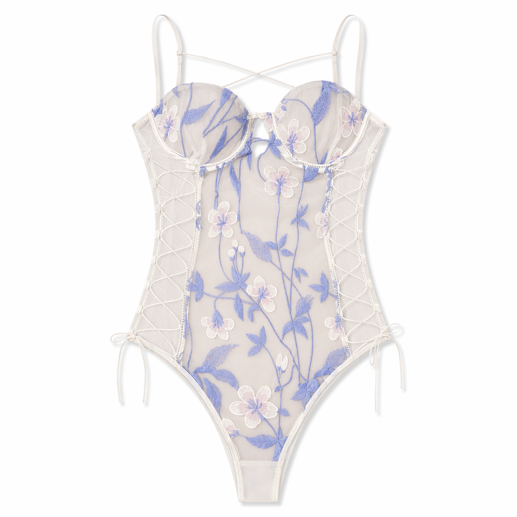 Floral Embroidered Mesh Bodysuit with Criss-Cross Harness Details XXXL