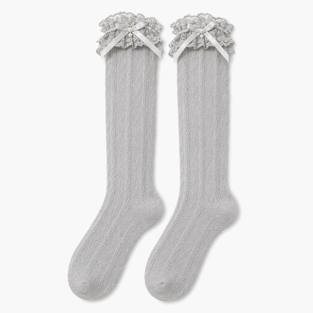 Stunning Lace Knee-High Stockings with Ruffles and Pearl Ribbon Grey