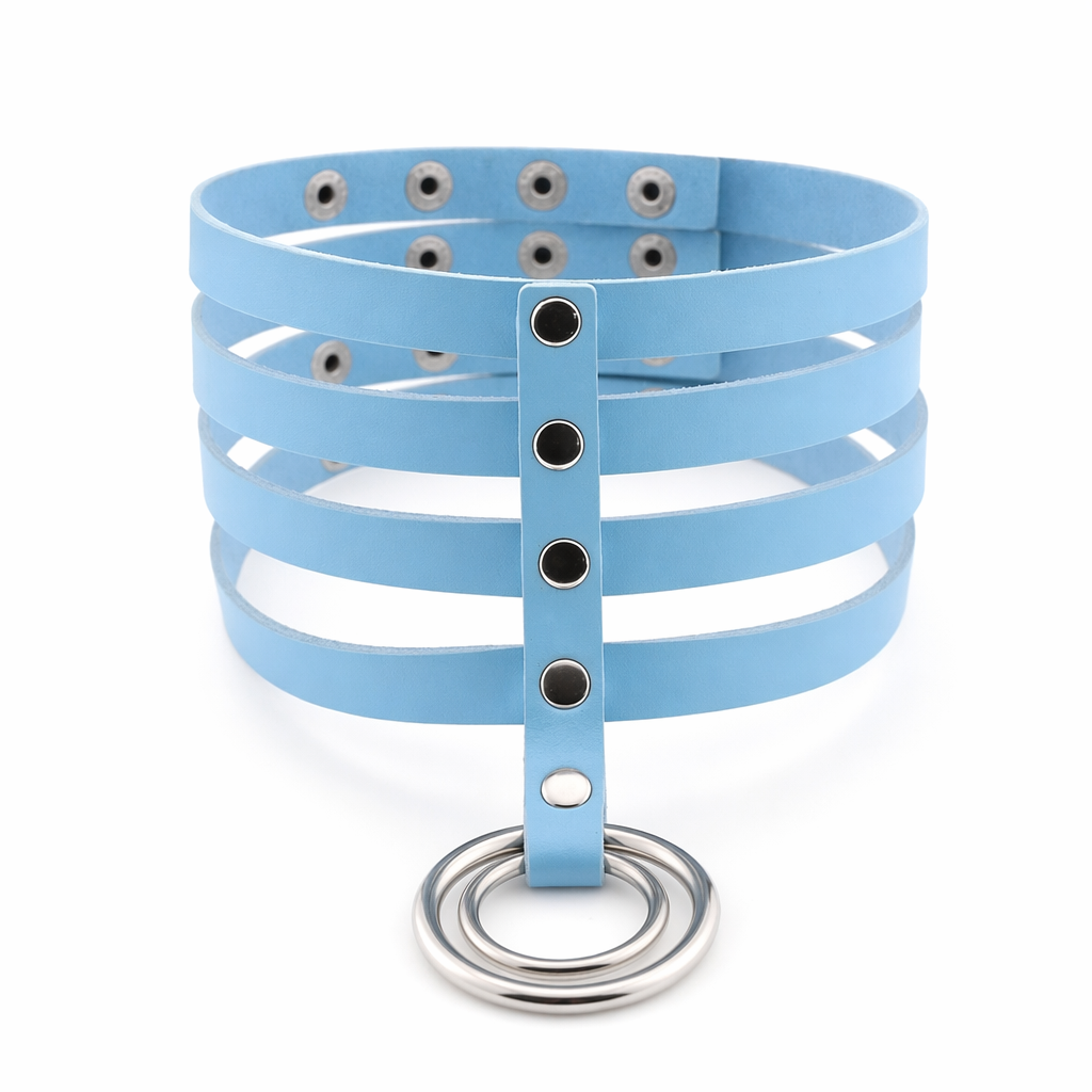 Vegan Leather High Elongated Collar with Built-in O-Ring Hook Light Blue