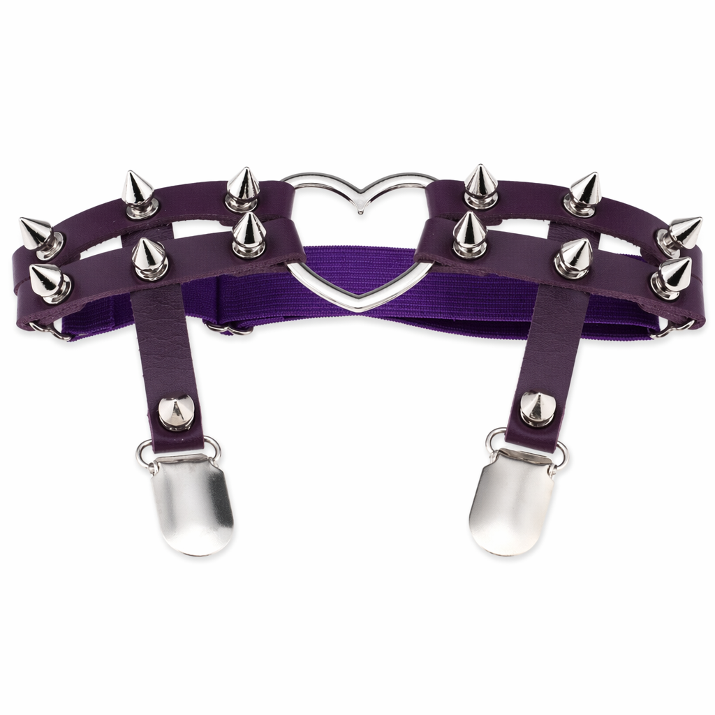 Spiky Garter Belt with Punk Rock Style and Metal Heart Dark Purple