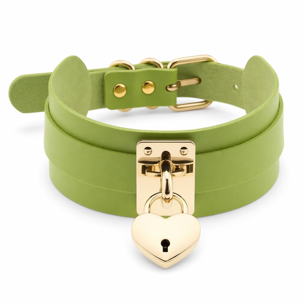 High Quality Vegan Leather Heart Locket Choker in Gold Green