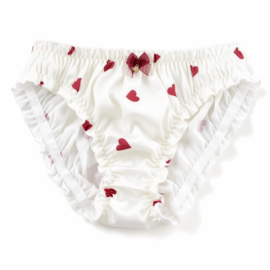 Satin Heart Patterned Undies with Ruffled Trim and Bows in Stock White