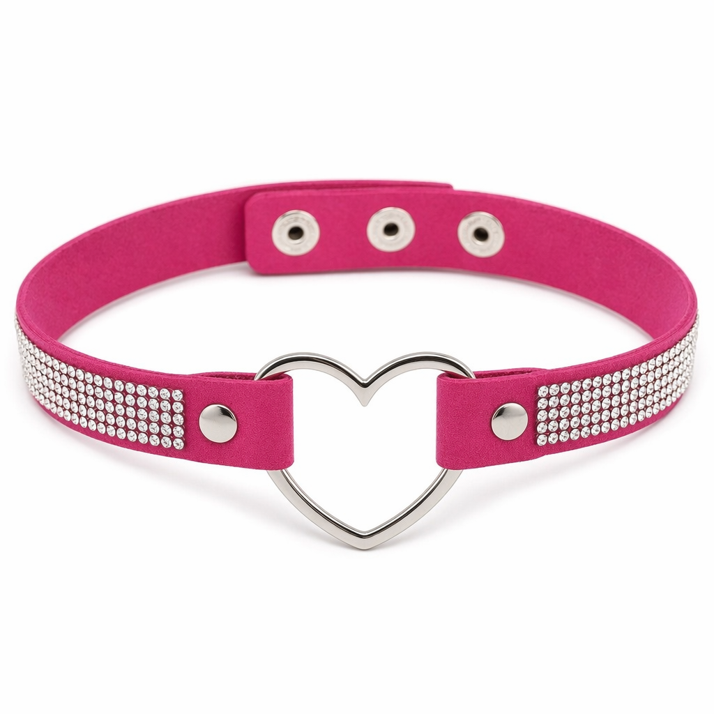 Rhinestone Heart Choker Necklace for Kawaii Aesthetic Princesses Magenta