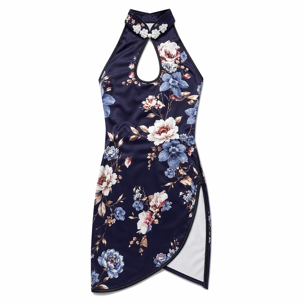 Floral Kimono Dress with High Slits and Cut-Outs Blue