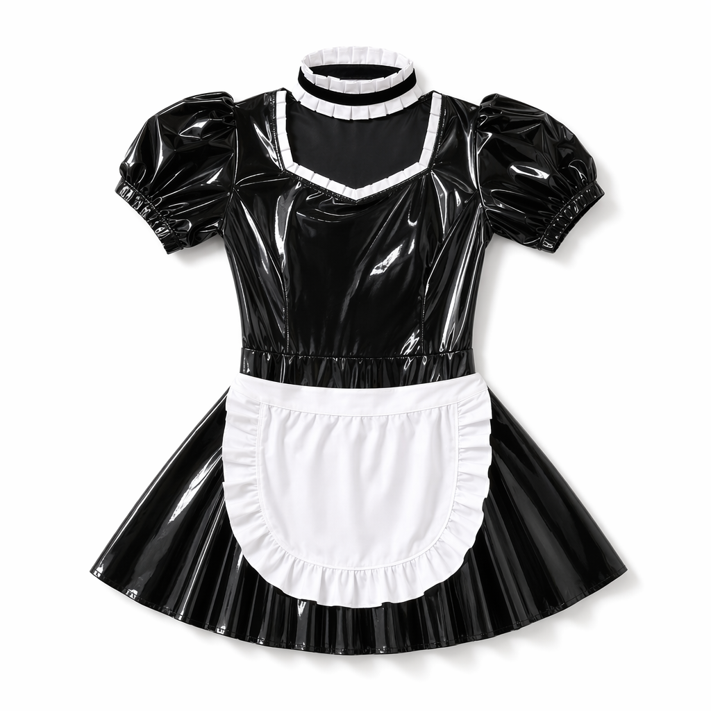 Sassy Latex Bodysuit with White Ruffled Apron Trim M