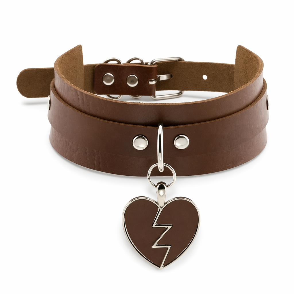 Heart Breaker Vegan Leather Choker for Kinky Princesses Brown Collar