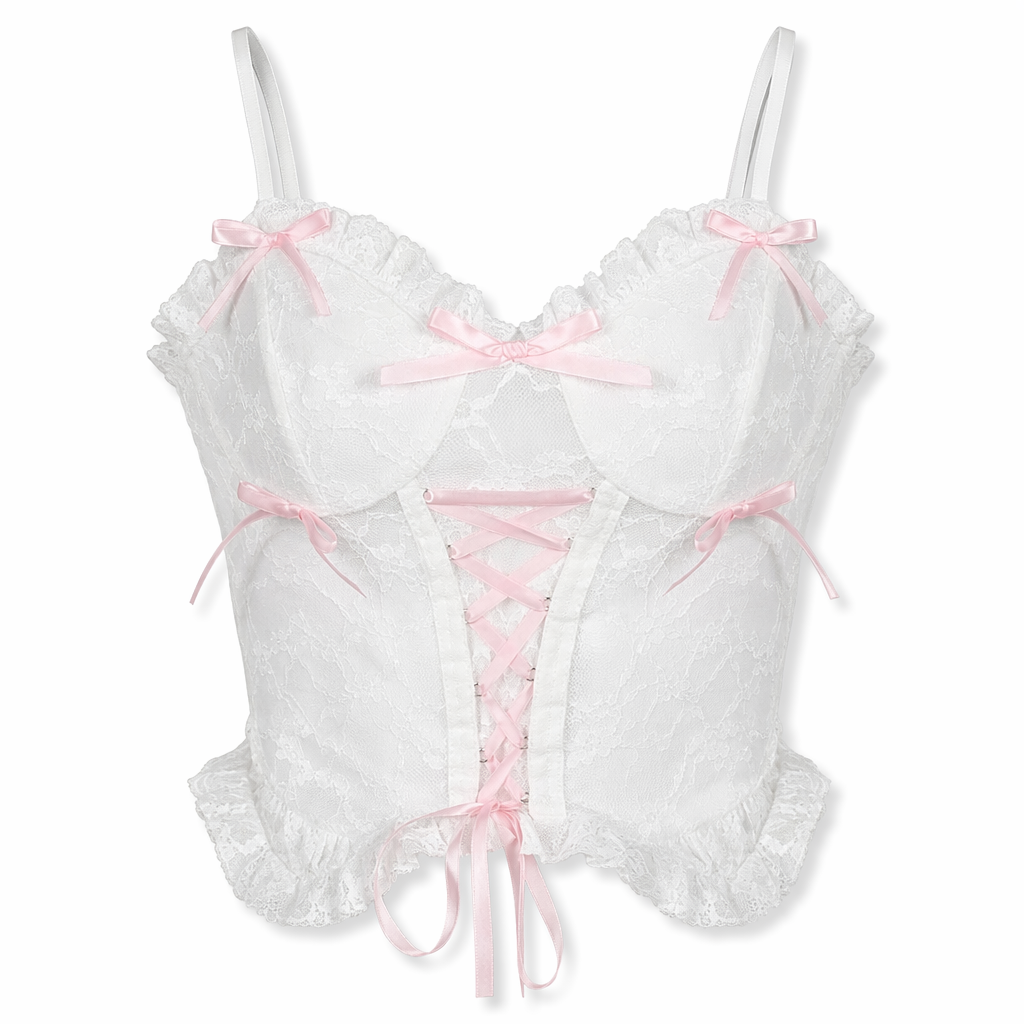 Ethereal Lace and Ribbon Bustier Crop Top L