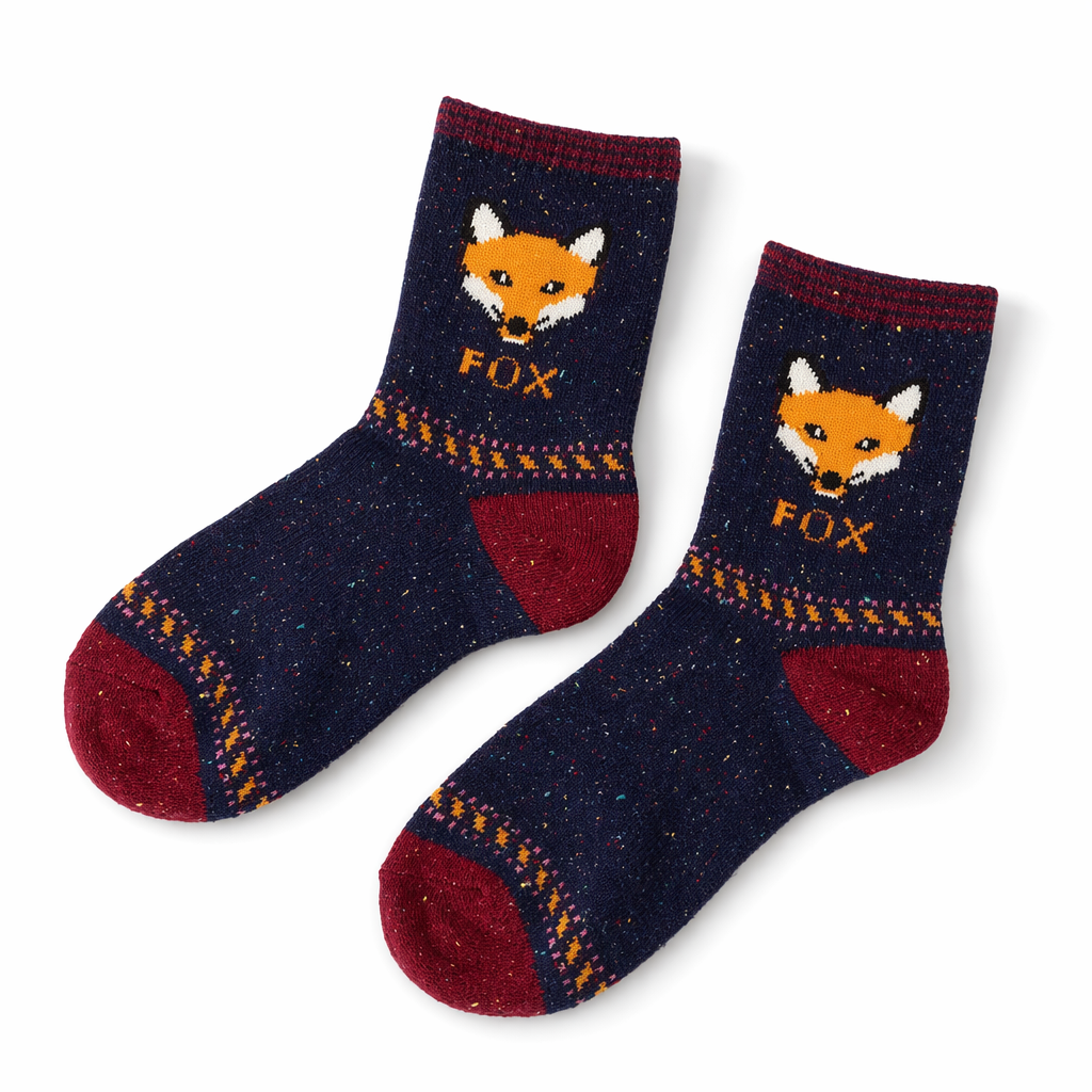 Snow Fox Christmas Socks with Embroidered Design and Vibrant Colors Navy Fox