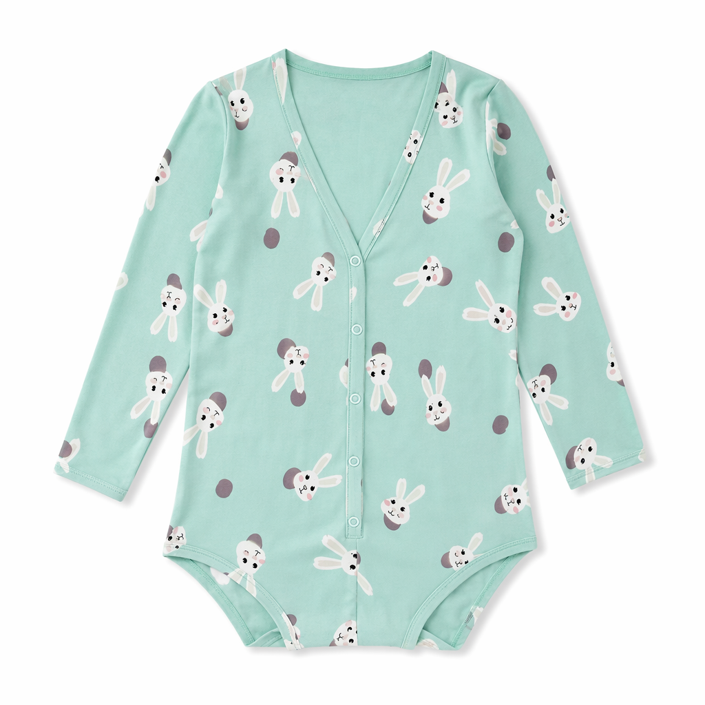 Emerald Green Bunny Rabbit Print Long-Sleeve Romper for Kids 4XL