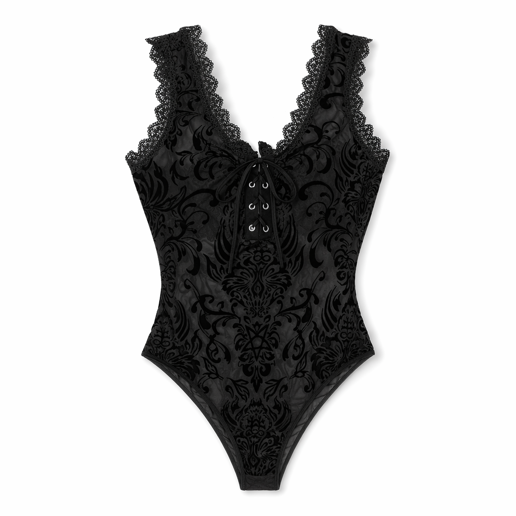 Luxurious Jet Black Goth Bodysuit with Victorian Sheer Detail S