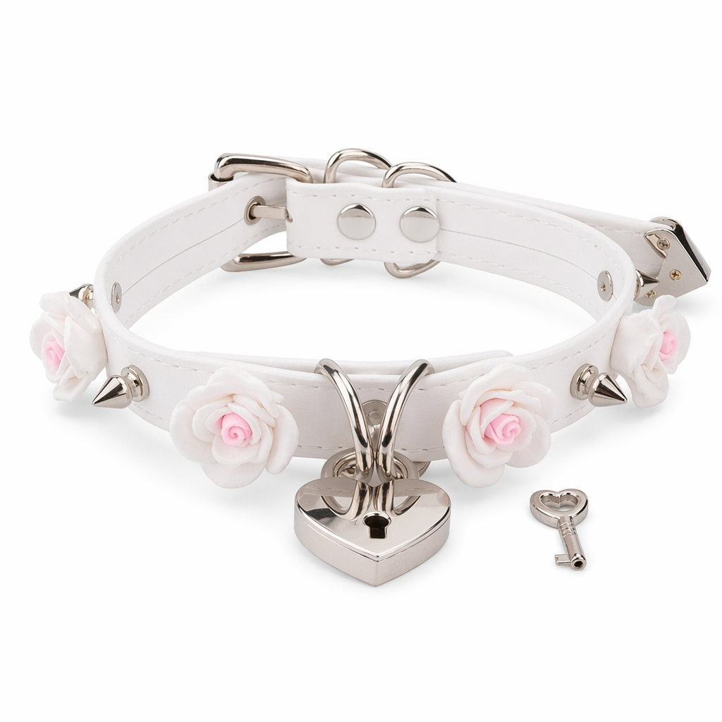 Vegan Leather Choker with Rose Petals and Metal Spikes White
