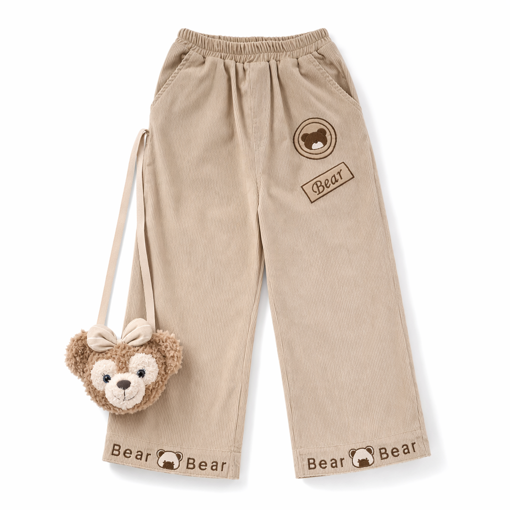 Cute Brown Baby Bear Corduroy Pants for Cottagecore Aesthetic Light Khaki