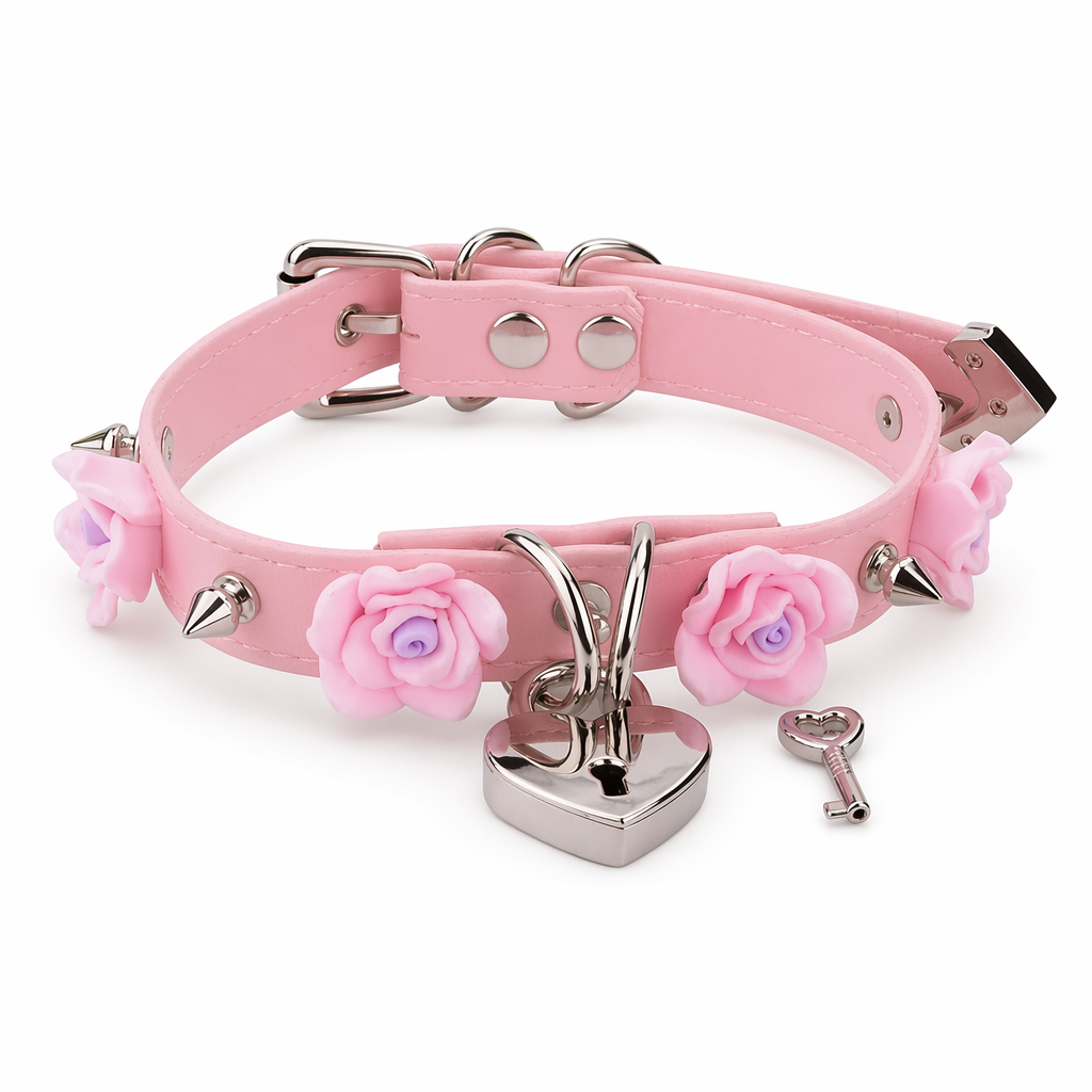Vegan Leather Choker with Rose Petals and Metal Spikes Pink