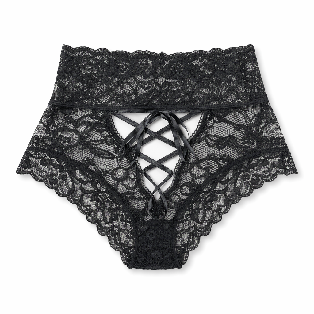 Lacy Corset Back Panties with Silk Ribbon in Plus Sizes Black