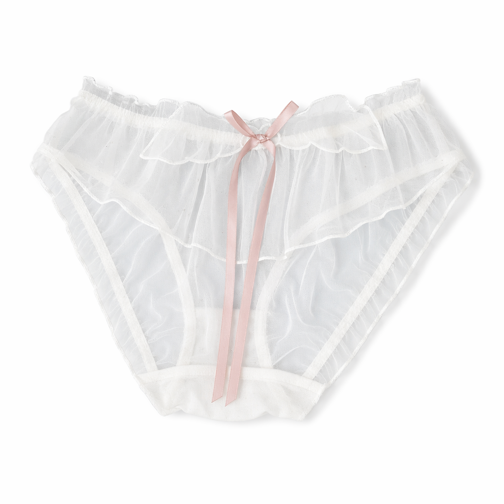 Sakura Wing Panties with Sheer Chiffon and Satin Ribbons White