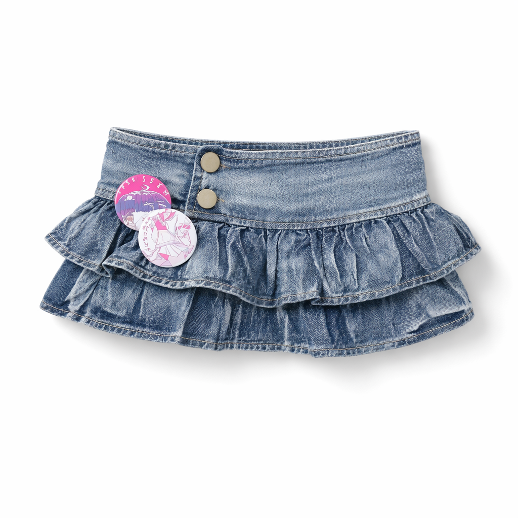 90s-Inspired Denim Miniskirt with Ruffled Pleating 18cm Length S