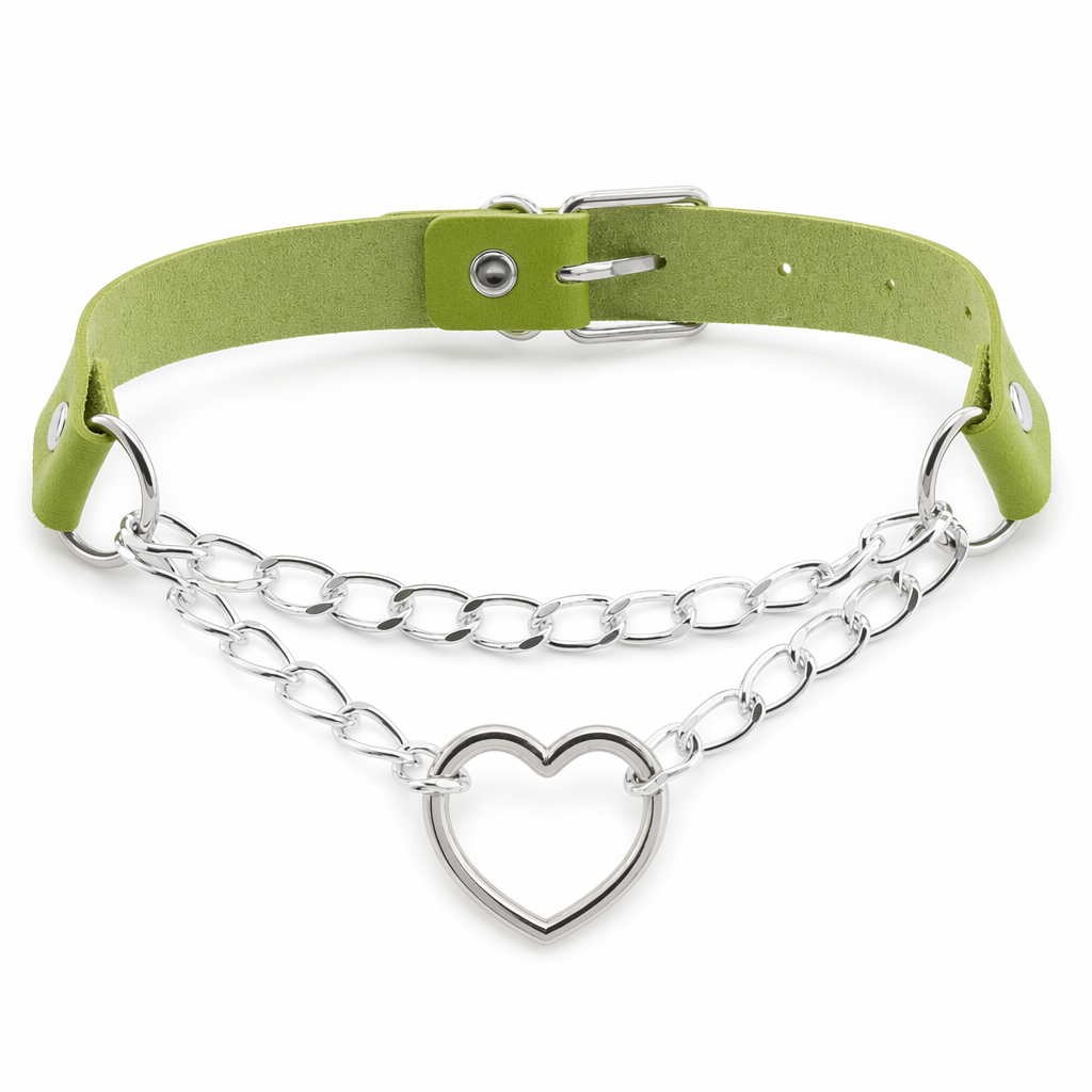 Thick Vegan Leather Chained Heart Choker Necklace Green