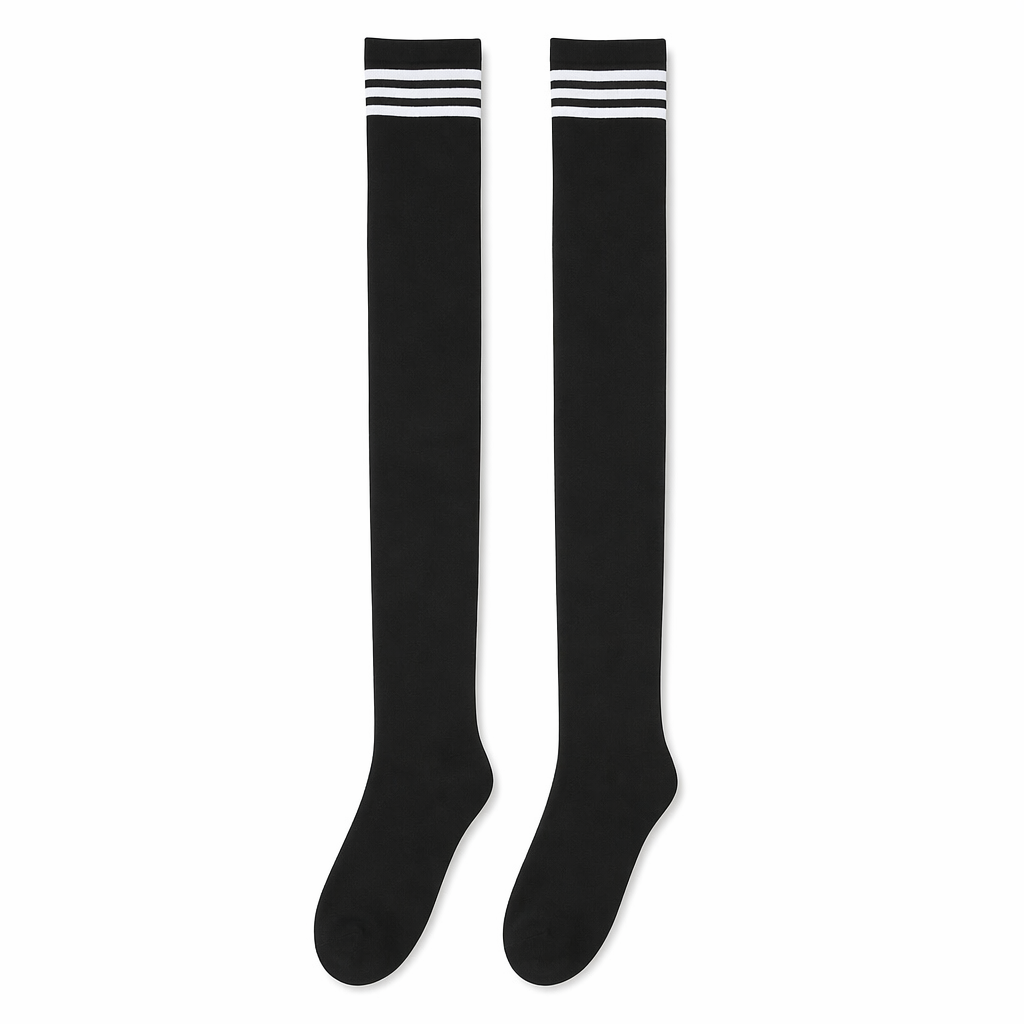School Girl Inspired Tall Thigh High Stockings with Stripes Black