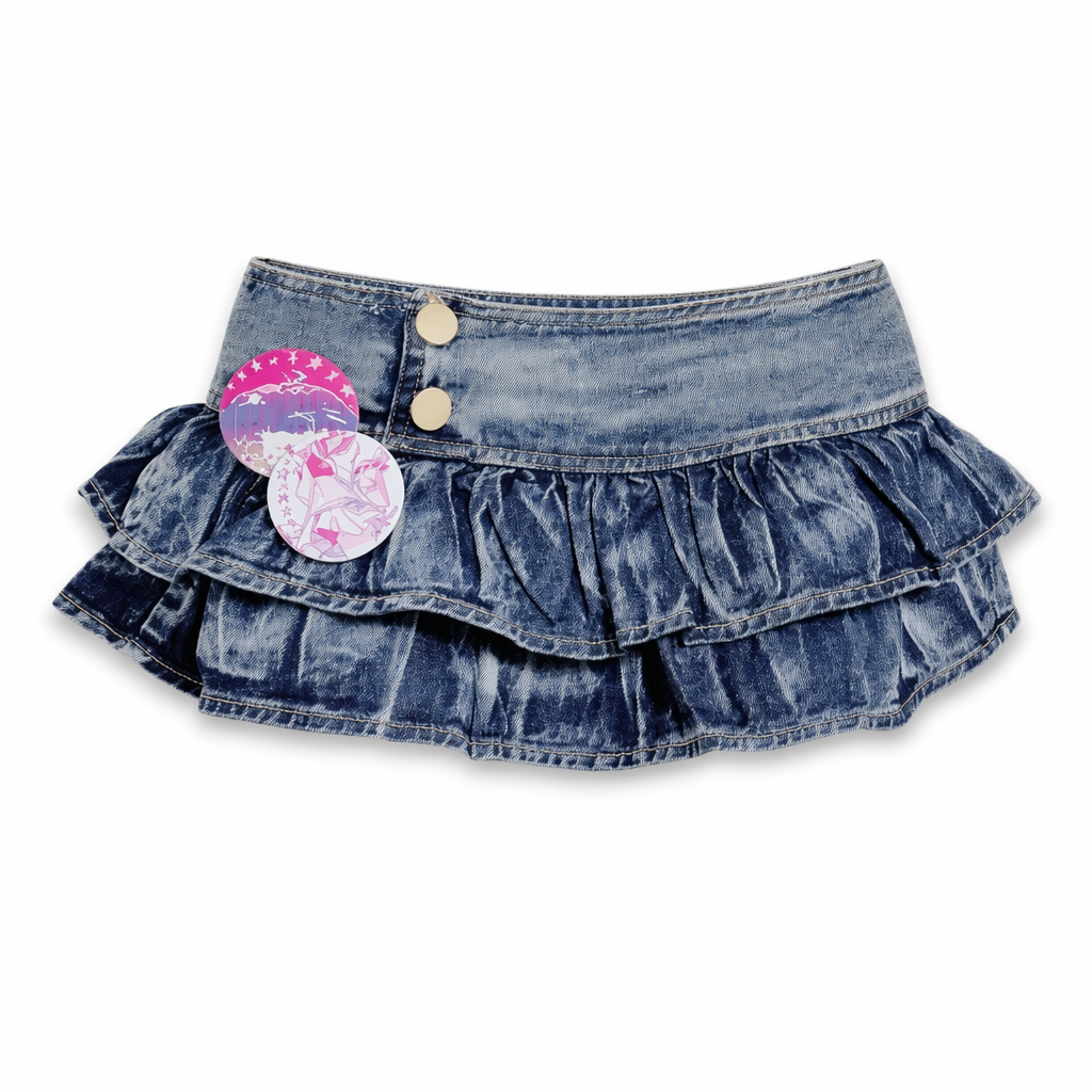 90s-Inspired Denim Miniskirt with Ruffled Pleating 18cm Length M