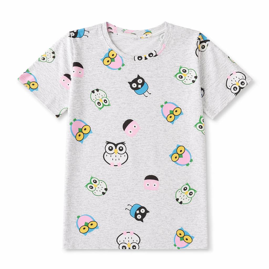Kawaii Fashion Short Sleeve T-Shirt in Heathered Grey or White Grey Owls