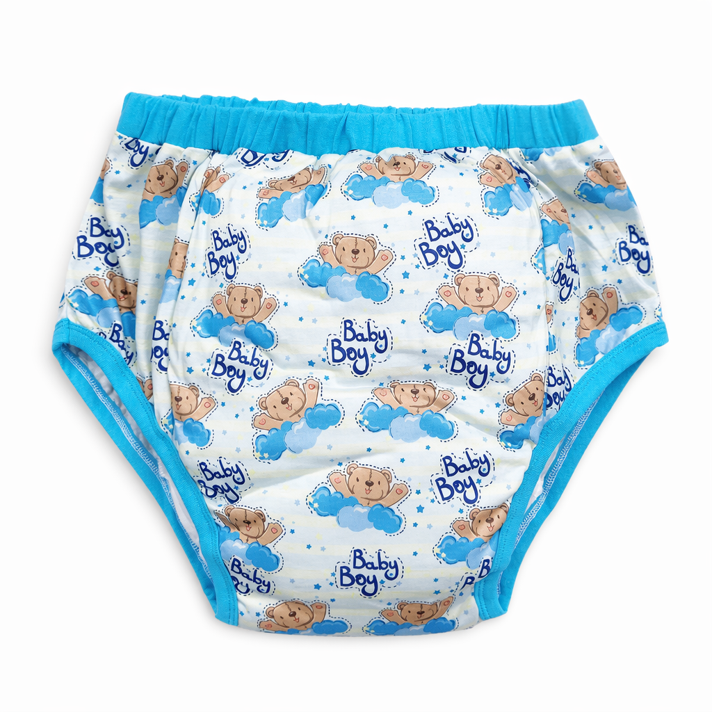 Adult Baby Training Pants with Blue Trim and Cute Baby Boy Design S