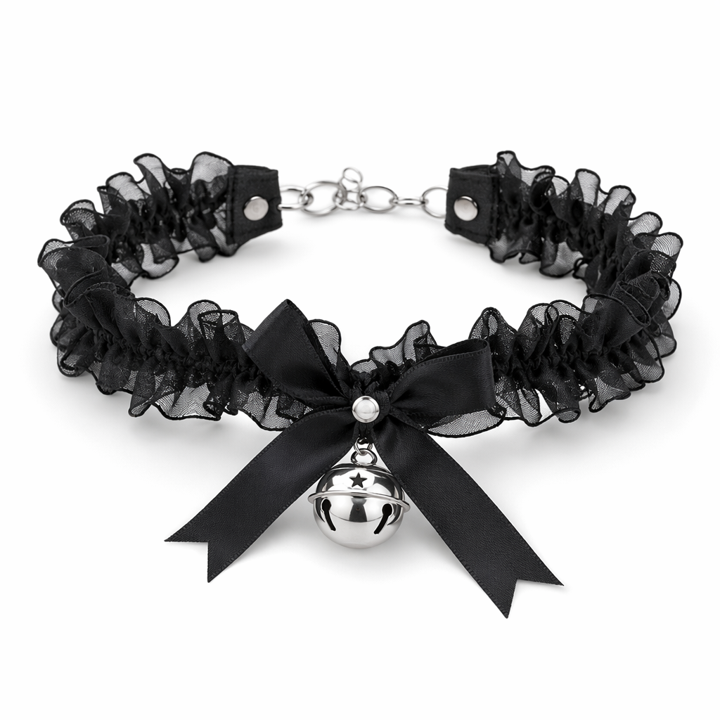 Traditional Kitten Bell Collar with Chiffon Ribbon and Jingly Bell Black