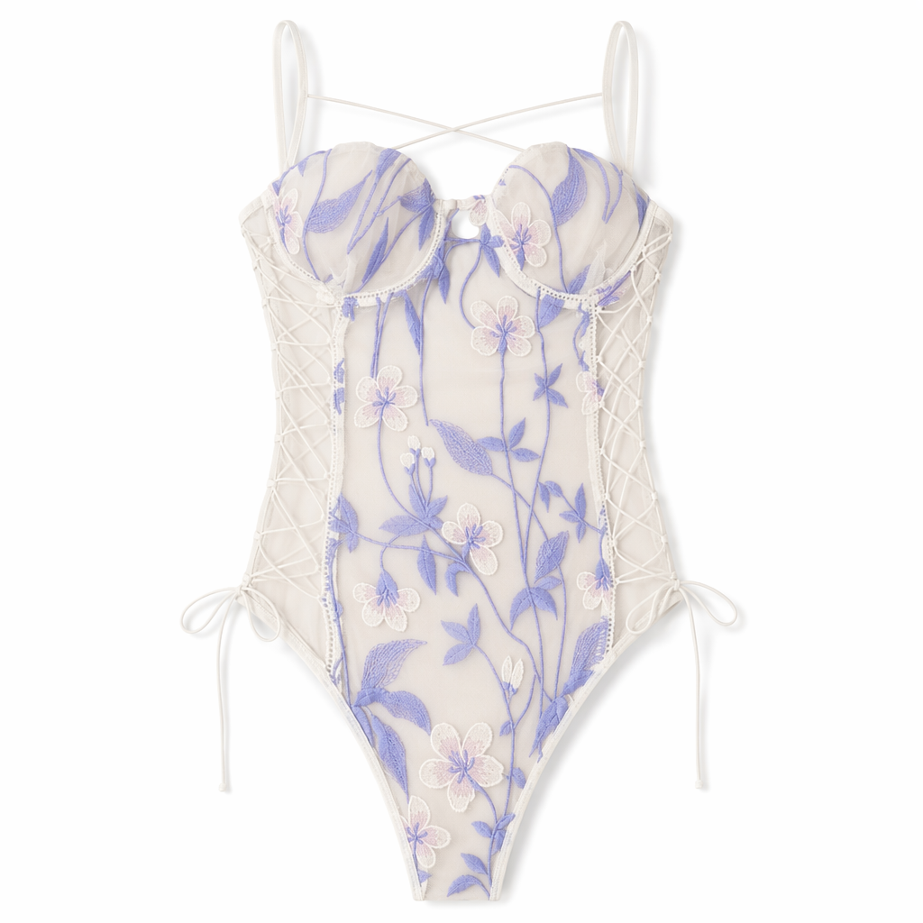 Floral Embroidered Mesh Bodysuit with Criss-Cross Harness Details S