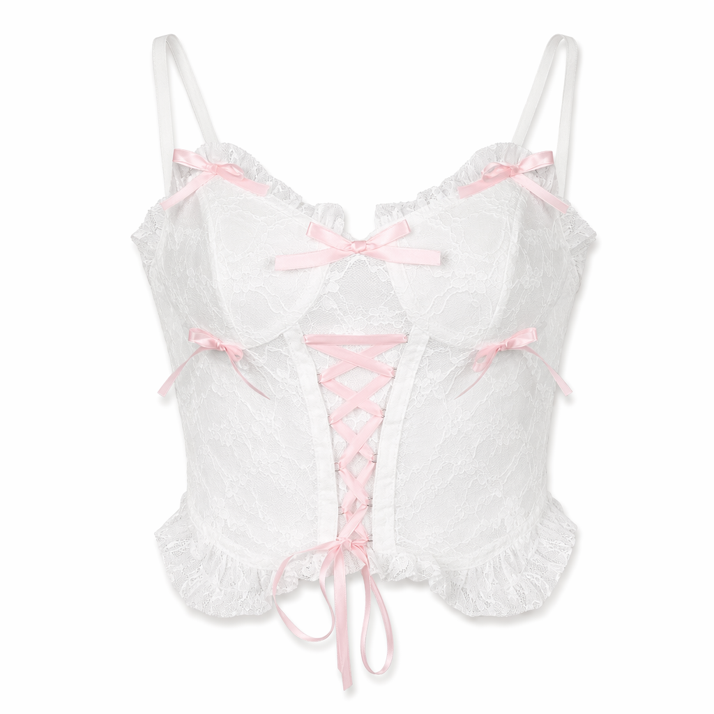 Ethereal Lace and Ribbon Bustier Crop Top S