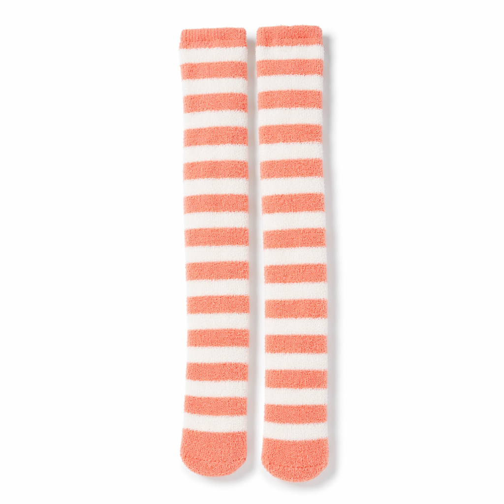 Cozy Fuzzy Thigh Highs for Kawaii Fashion Lovers Coral Striped