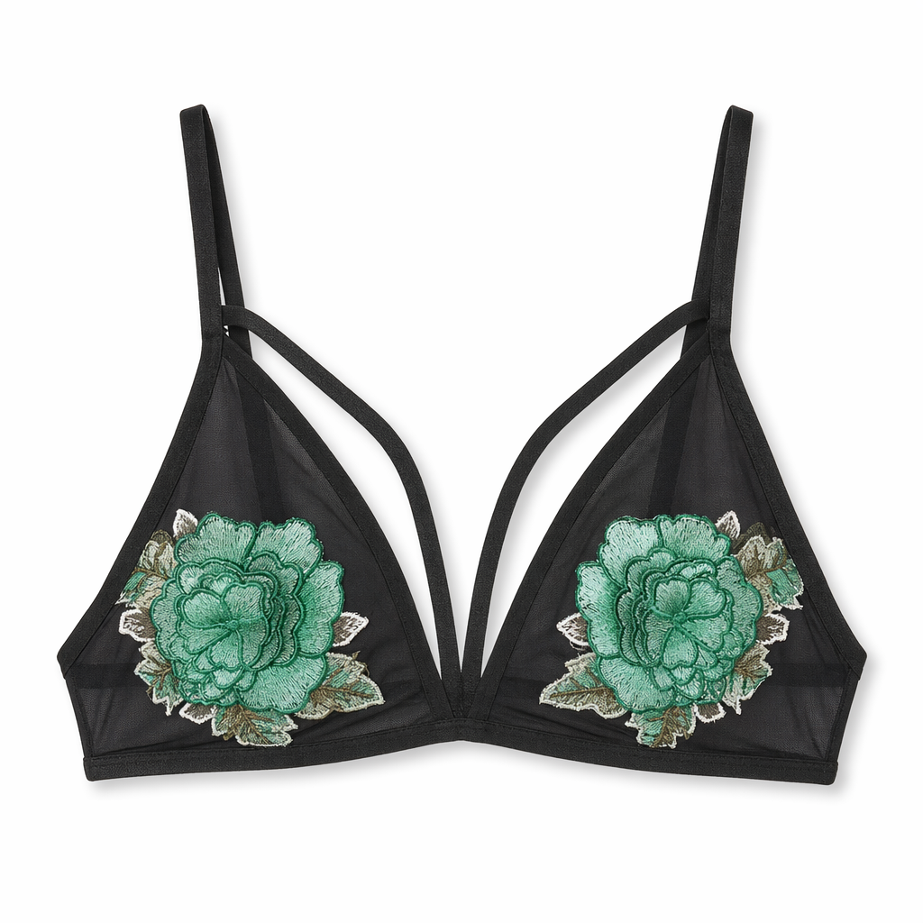 Lacey Rose Embroidered Bra with Style Harness Straps green embroidery