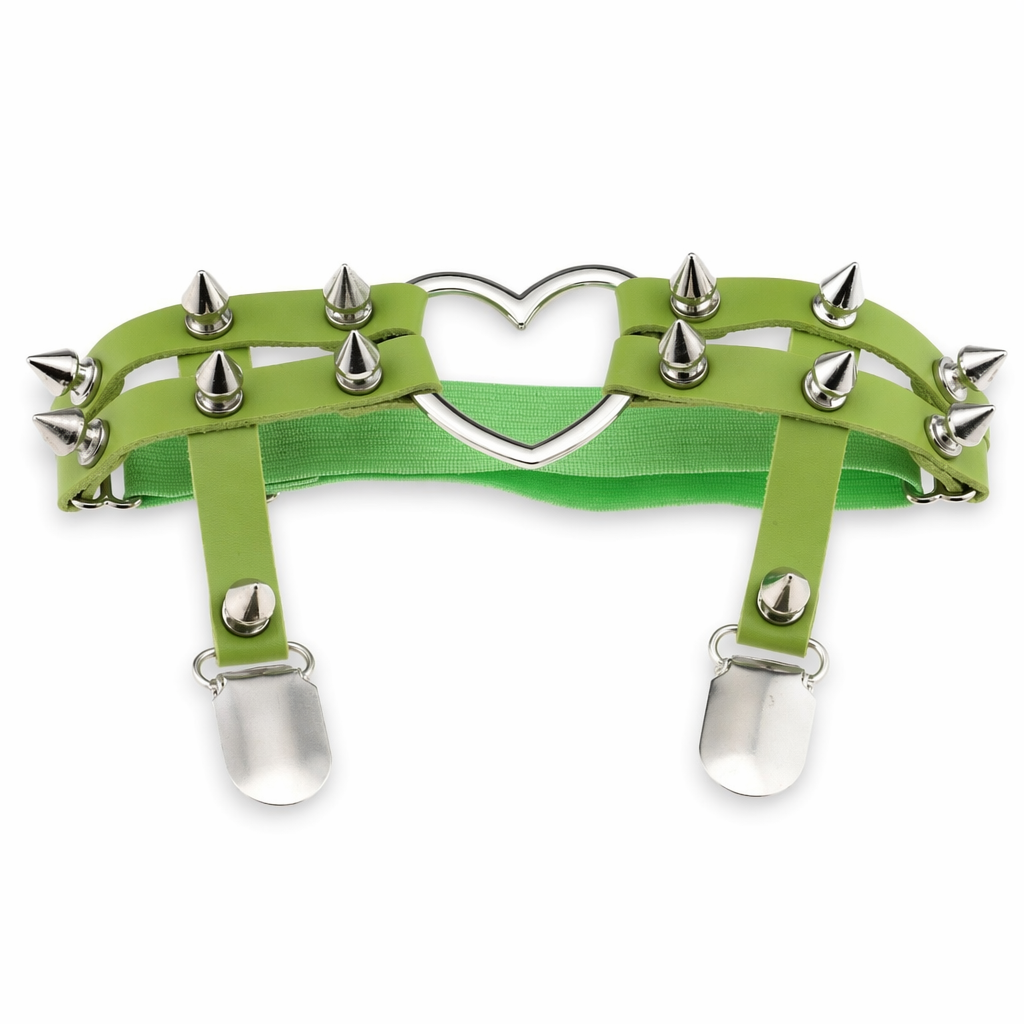Spiky Garter Belt with Punk Rock Style and Metal Heart Green