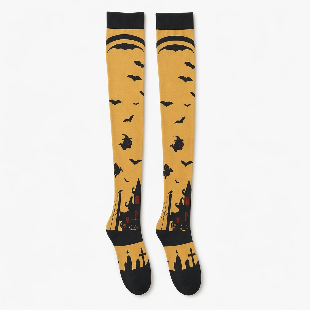 Gothic Halloween Stockings with Spooky Black and Orange Print Striped Version