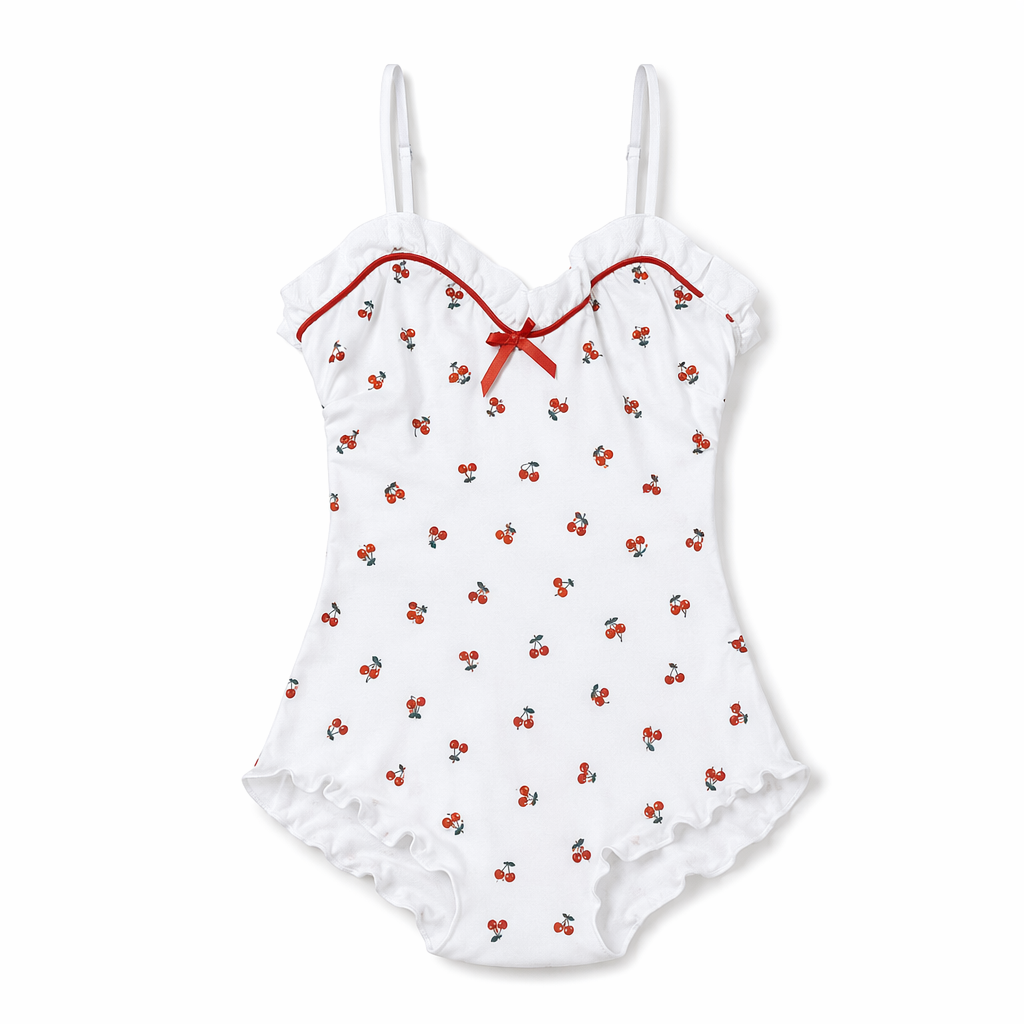 White & Red Cherry Print Adult Onesie for Cute Lounging L