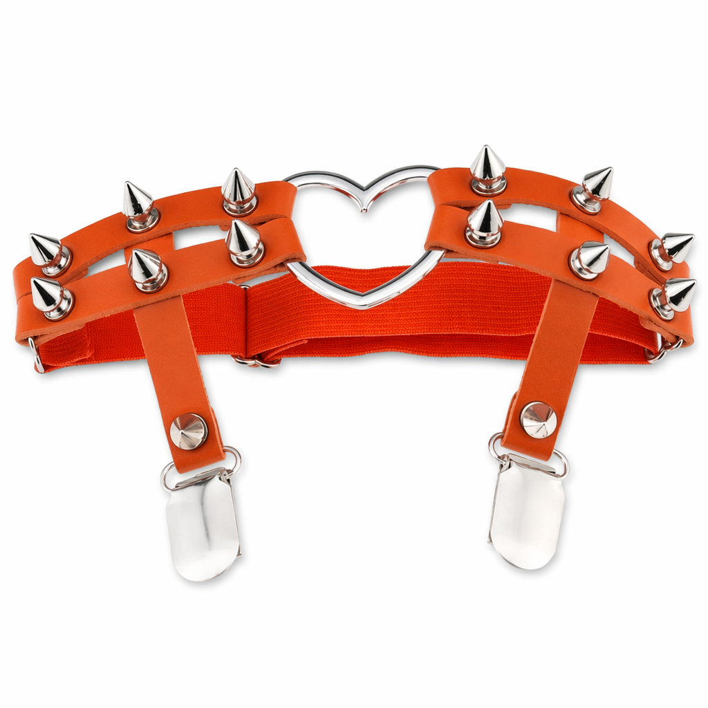 Spiky Garter Belt with Punk Rock Style and Metal Heart Orange