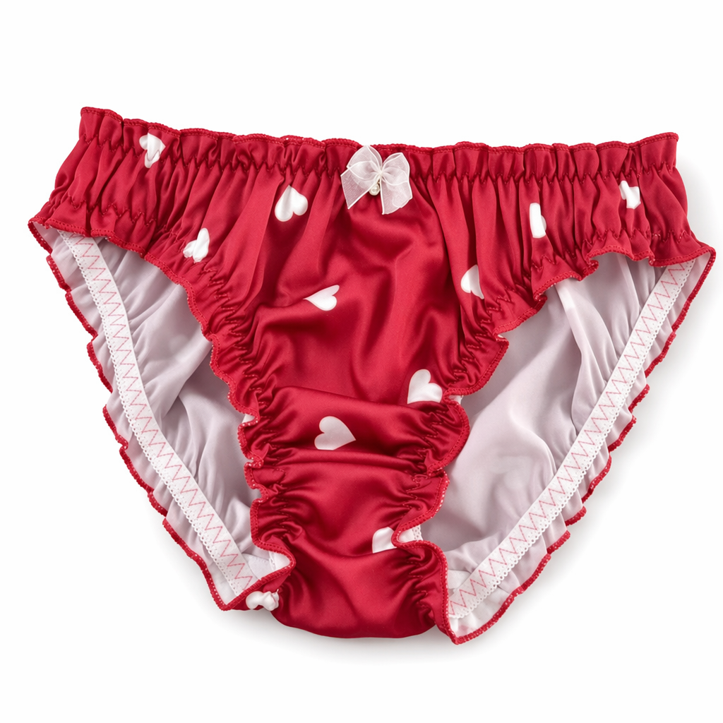 Satin Heart Patterned Undies with Ruffled Trim and Bows in Stock Red