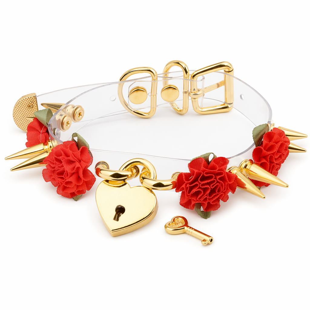 Edgy Floral Choker with Spiky Design and Heart Locket Key Red Flower Gold