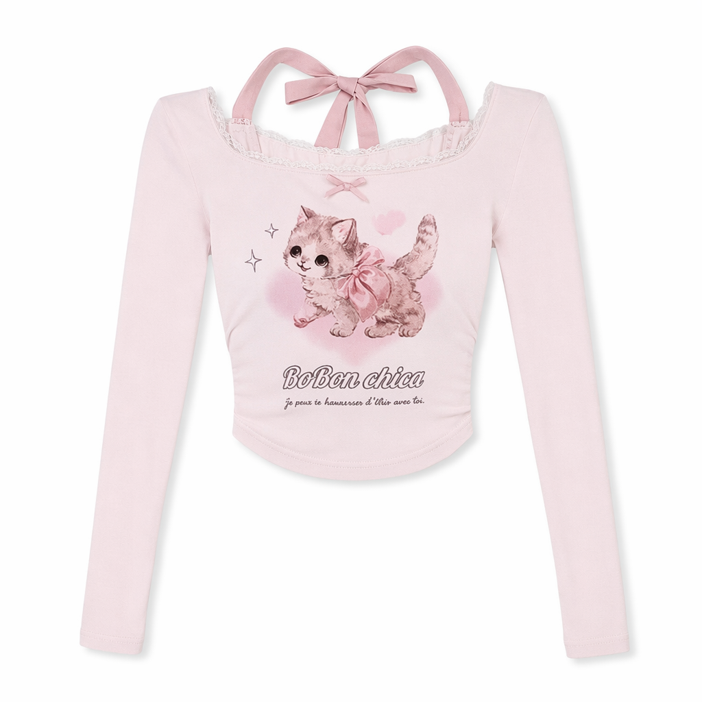 Sweet Vintage Kitten Outfit with Lace Skirt and Fairycore Style Top Only