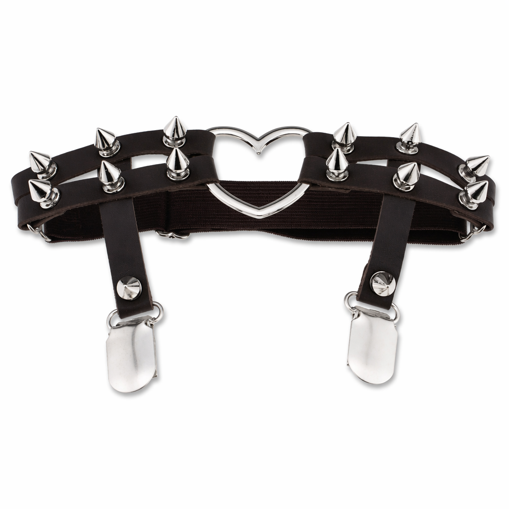 Spiky Garter Belt with Punk Rock Style and Metal Heart Black