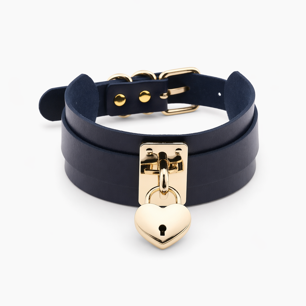 High Quality Vegan Leather Heart Locket Choker in Gold Navy Blue