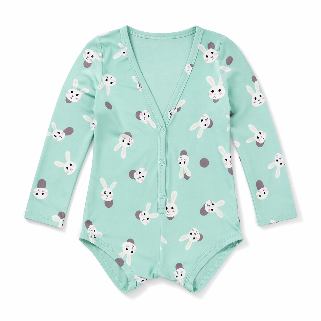 Emerald Green Bunny Rabbit Print Long-Sleeve Romper for Kids S