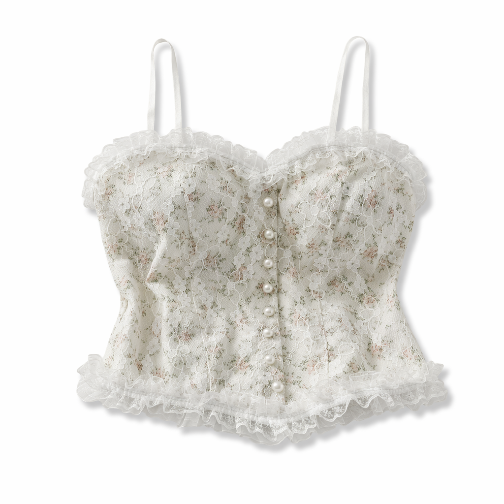 Ethereal Floral Camisole Inspired by Vintage French Film Elegance White