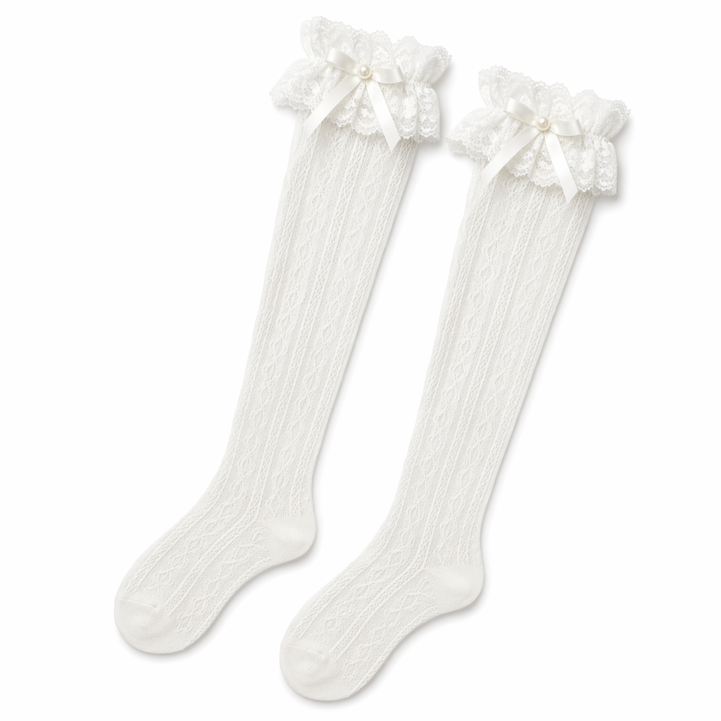 Stunning Lace Knee-High Stockings with Ruffles and Pearl Ribbon White