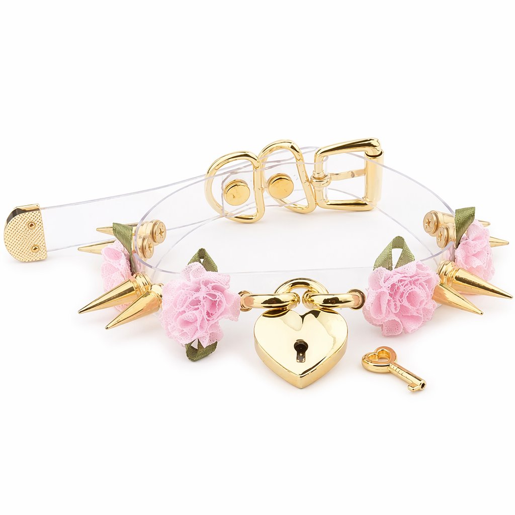 Edgy Floral Choker with Spiky Design and Heart Locket Key Pink Flower Gold