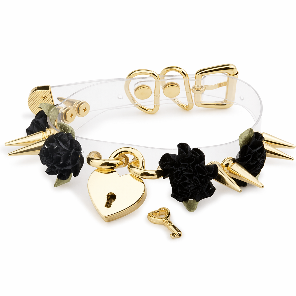 Edgy Floral Choker with Spiky Design and Heart Locket Key Black Flower Gold